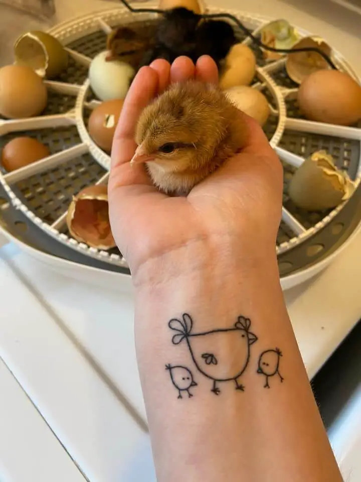 Chicken Tattoo On Right Hand Above Wrist