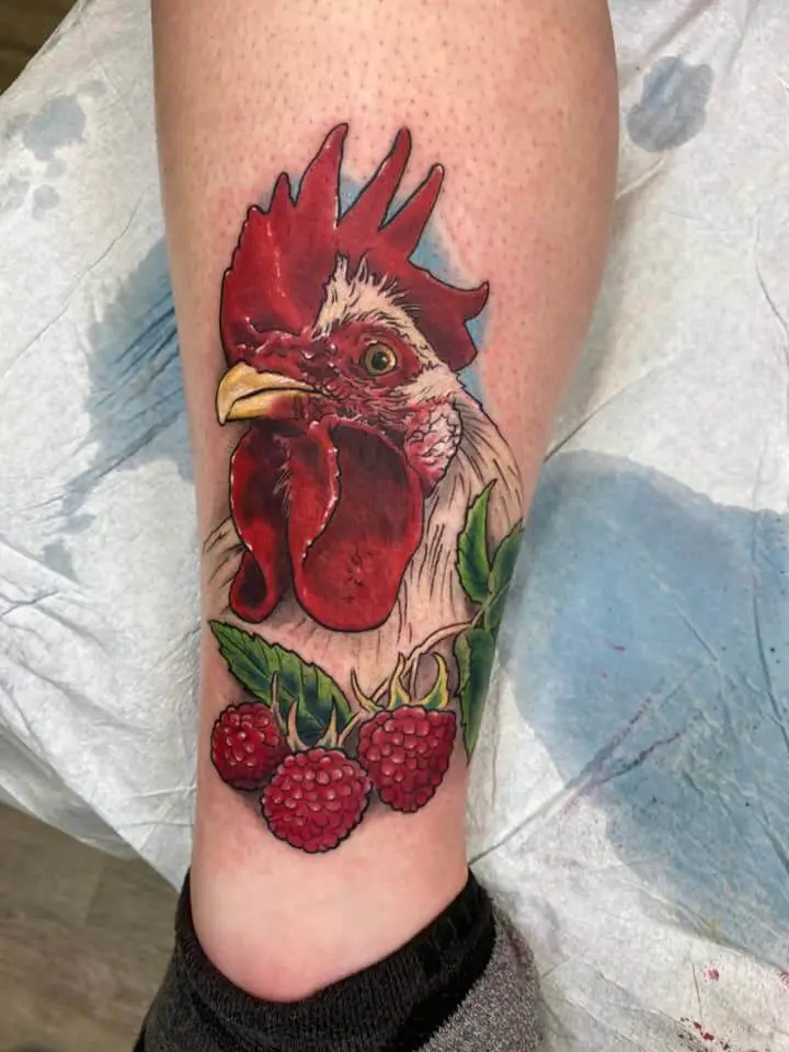 Chicken Tattoo On Left Leg