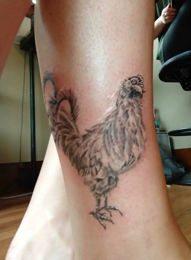 Chicken Tattoo On Right Leg Below Knee