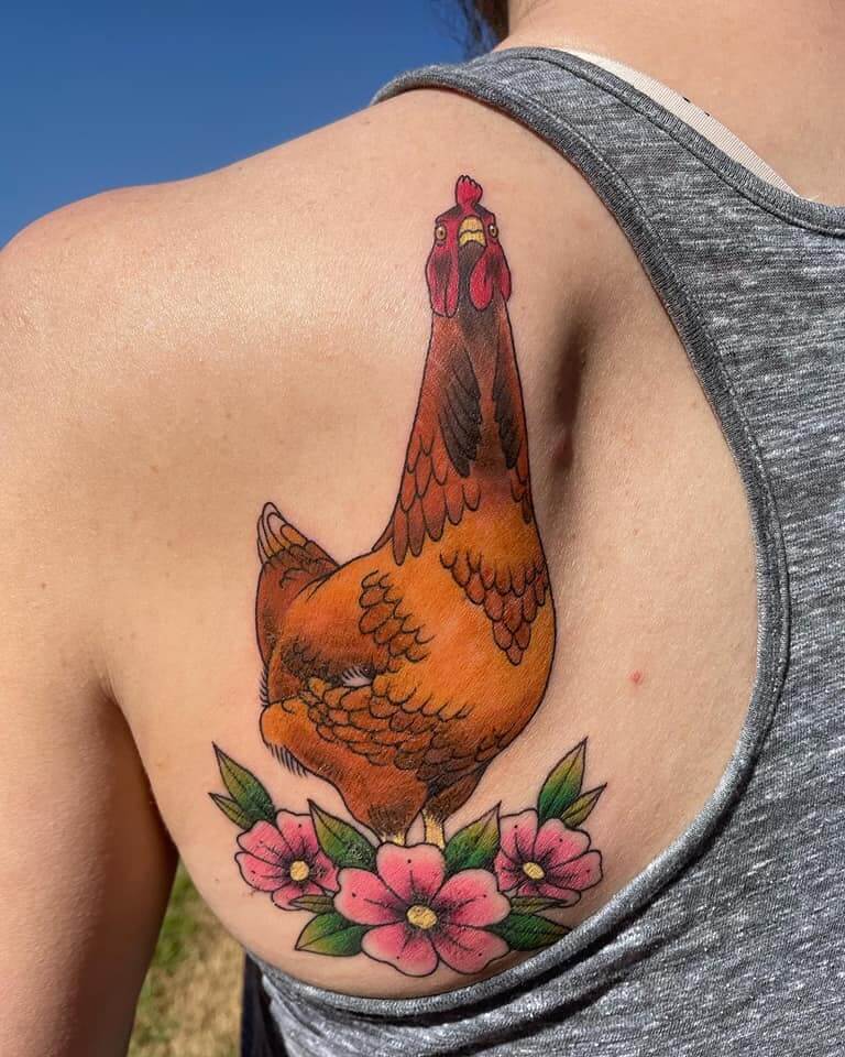 Chicken Tattoo on Back Left Shoulder