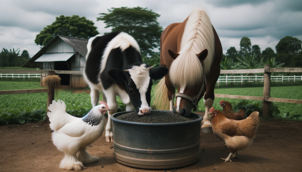 Photo of a countryside setting with a black and white cow, a fluffy white chicken, and a sturdy brown horse, all eating sweet feed from a prominent fe