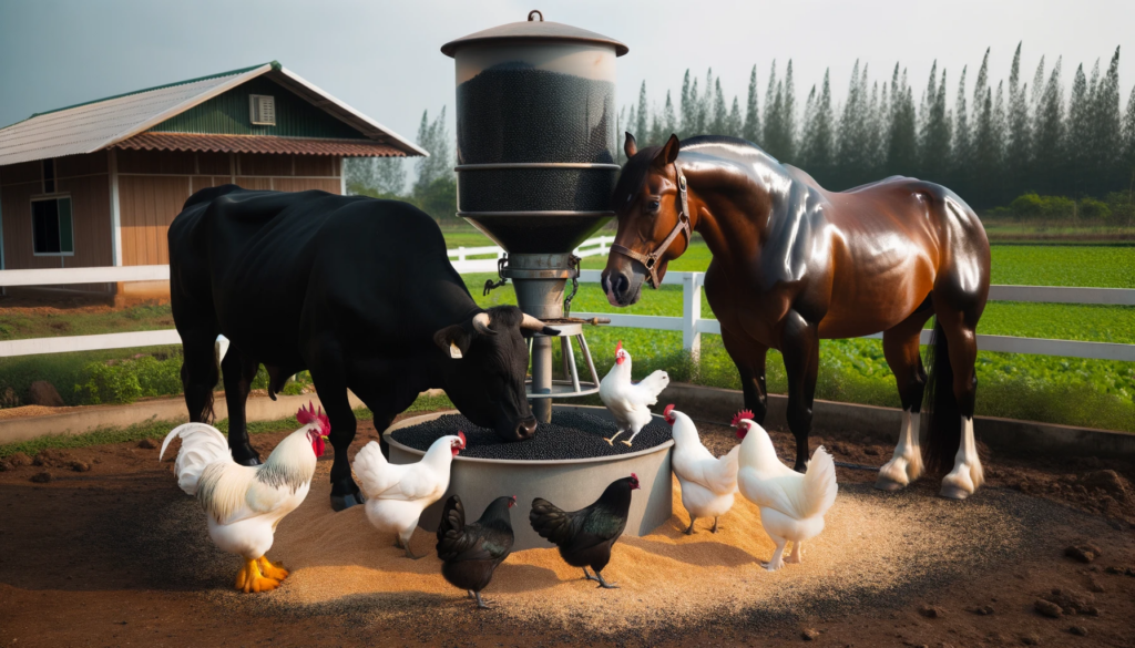 Photo of a sun-kissed farmland where a glossy black cow, a pristine white chicken, and a muscular brown horse gather around a feed dispenser, indulgin