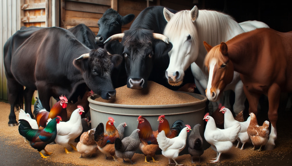 Photo of a varied group of farm animals, including a dark-furred cow, a white-feathered chicken, and a chestnut horse, all gathered around a spacious