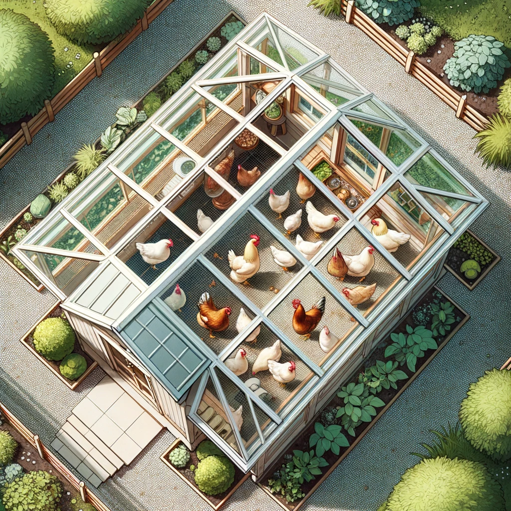 Illustration of a bird's-eye view of a chicken coop with skylights and transparent roofing panels. From above, the skylights and transparent panels are distinct, allowing viewers to see the chickens and interior elements of the coop. The coop's location is in a garden setting, with patches of grass and plants around it.
