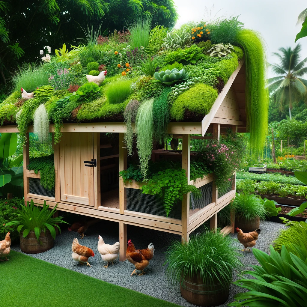 Photo of a chicken coop with a living roof set in a garden. The roof is lush with various green plants, flowers, and grasses, giving it a vibrant and eco-friendly appearance. The coop is constructed of natural wood, blending seamlessly with the greenery above. Chickens can be seen wandering around the coop, while the background showcases a serene garden setting with other plants and trees.